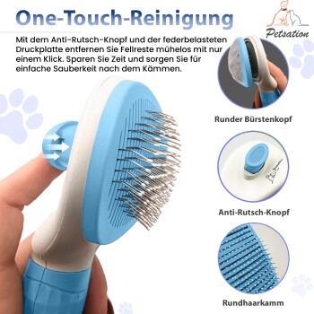 Blaue ergonomische Haustierpflegebürste mit einem Reinigungsknopf und rundem Borstenkopf. Hebt "One-Touch-Reinigung" und Funktionen hervor.