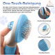 Blaue ergonomische Haustierpflegebürste mit einem Reinigungsknopf und rundem Borstenkopf. Hebt "One-Touch-Reinigung" und Funktionen hervor.