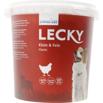 Klein & Fein Classic 700g Roter Hundeleckerli-Behälter mit der Aufschrift 'LECKY Klein & Fein Classic', mit einem Hund- und Hühnergrafik, mit >64% Fleisch und glutenfreiem Text.