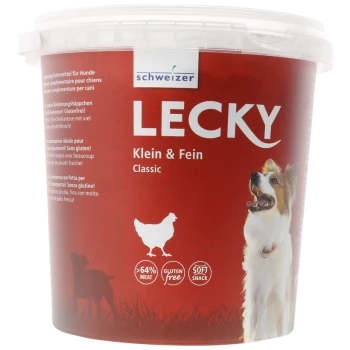 Roter Hundeleckerli-Behälter mit der Aufschrift 'LECKY Klein & Fein Classic', mit einem Hund- und Hühnergrafik, mit >64% Fleisch und glutenfreiem Text.