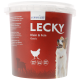 Roter Hundeleckerli-Behälter mit der Aufschrift 'LECKY Klein & Fein Classic', mit einem Hund- und Hühnergrafik, mit >64% Fleisch und glutenfreiem Text.
