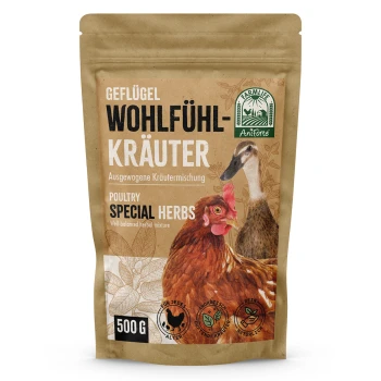 Hühner Wohlfühlkräuter 0,5kg Verpackung mit speziellen Kräutern für Geflügel, die einen braunen Beutel mit Bildern eines Huhns und einer Ente zeigt, beschriftet mit "Geflügel Wohlfühl-Kräuter" und "500 G."