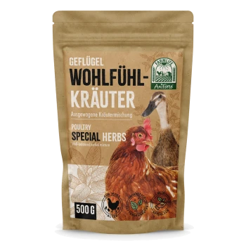 Verpackung mit speziellen Kräutern für Geflügel, die einen braunen Beutel mit Bildern eines Huhns und einer Ente zeigt, beschriftet mit "Geflügel Wohlfühl-Kräuter" und "500 G."