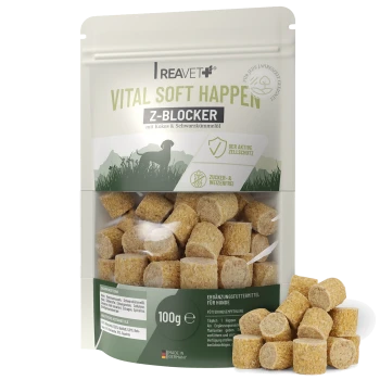 Brauner wiederverschließbarer Beutel Reavet Vital Soft Happen Z-Blocker Hundesnacks mit sichtbaren würfelförmigen Leckerlis innen.