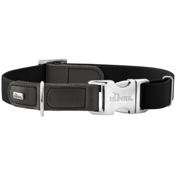 Schwarzes und graues Hundehalsband mit silberner Schnellverschlussschnalle, eingraviert 'HUNTER', und kleinem Markenanhänger.