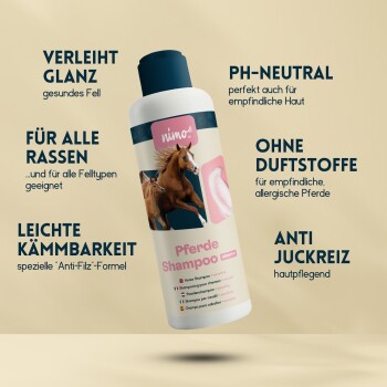 Pferdeshampoo-Flasche mit einem rosa Etikett, das zwei Pferde zeigt, und die Vorteile wie pH-neutral, juckreizlindernd und für alle Rassen geeignet hervorhebt.