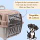 Beiger Plastik-Tierträger mit transparenter Tür und Cartoon-Welpe; sichtbarer deutscher Text: 'Aufgrund der transparenten Tür...' und 'Türgröße: 21 x 23 cm'.