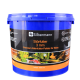 Blauer Kunststoffbehälter mit Silbermann Störfutter, 3 mm Pellets, gekennzeichnet als Premiumfutter für Störe, 5000 ml.