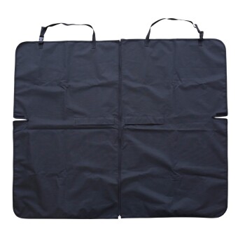 Schwarze wasserdichte Autositzbezug für Haustiere mit verstellbaren Gurten und Reißverschluss in der Mitte, zum Schutz des Rücksitzes.