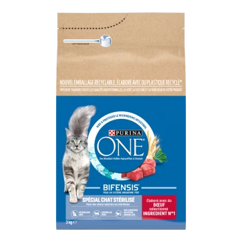 Sac de nourriture pour chat Purina ONE Bifensis, emballage kraft bleu avec un chat gris à poil long et le texte « Spécial Chat Stérilisé »