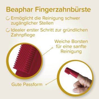 Beaphar Fingerzahnbürste mit weichen Borsten für sanfte Reinigung, passt auf den Finger, deutscher Text beschreibt Eigenschaften.