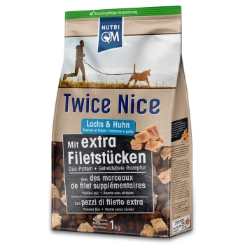 Hundefutterbeutel mit der Aufschrift 'Twice Nice', der Lachs und Huhn enthält, mit zusätzlichen Filetstücken, 1 kg, und einem Recycling-Symbol.