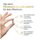 Hand hält Pellet neben Text 'Pferdegold Muskeln Sojafrei' mit Aufzählung: Muskel, Funktion, Regeneration, Training.