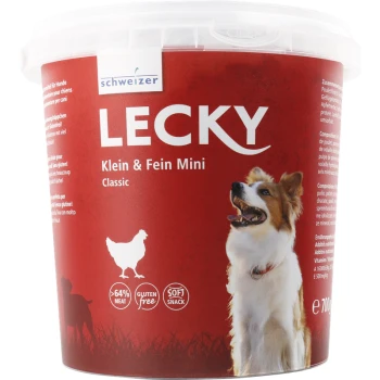 Klein & Fein Classic Mini 700g Ein roter Behälter mit der Aufschrift "LECKY Klein & Fein Mini Classic" mit einem glücklichen Hund. Ansprüche beinhalten "64% Fleisch," "glutenfrei," und "weicher Snack."