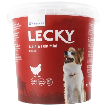 Ein roter Behälter mit der Aufschrift "LECKY Klein & Fein Mini Classic" mit einem glücklichen Hund. Ansprüche beinhalten "64% Fleisch," "glutenfrei," und "weicher Snack."