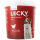 Un conteneur rouge étiqueté "LECKY Klein & Fein Mini Classic" avec un chien heureux. Les revendications incluent "64% de viande," "sans gluten," et "snack doux."