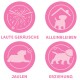 Quatre icônes circulaires roses avec des illustrations blanches et un texte allemand : "Loud noises," "Staying alone," "Howling," et "Training."