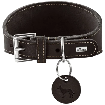 Dunkelbraunes Lederhalsband für Hunde mit beiger Naht, Metallschnalle und -ring, HUNTER-Logoplatte und runder Plakette mit geprägter Hundesilhouette.