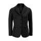 Schwarze taillierte Jacke mit einem Reverskragen, fünf Knöpfen und zwei Reißverschlusstaschen, die ein schlankes und modernes Design zeigt.