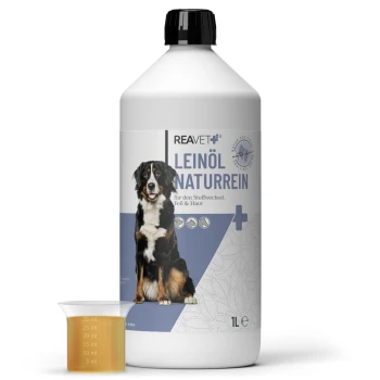 Eine 1-Liter-Flasche REAVET reines Leinsamenöl für Hunde, mit einem Berner Sennenhund auf dem Etikett, daneben ein Messbecher.
