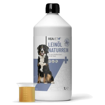 Eine 1-Liter-Flasche REAVET reines Leinsamenöl für Hunde, mit einem Berner Sennenhund auf dem Etikett, daneben ein Messbecher.
