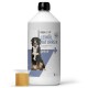 Eine 1-Liter-Flasche REAVET reines Leinsamenöl für Hunde, mit einem Berner Sennenhund auf dem Etikett, daneben ein Messbecher.
