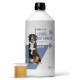Eine 1-Liter-Flasche REAVET reines Leinsamenöl für Hunde, mit einem Berner Sennenhund auf dem Etikett, daneben ein Messbecher.