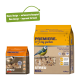 Deux sacs de graines pour oiseaux PREMIERE : grand sac jaune « PREMIERE. I ♥ my garden » avec une mésange et la mention « STREU MIX. » et un sac orange plus petit ; étiquette verte « New design - improved formula! »