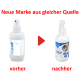 Image comparant deux désodorisants pour animaux : à gauche "Skywell" (avant), à droite "Duvo Plus Refresh Spray" (après) avec une flèche rouge.