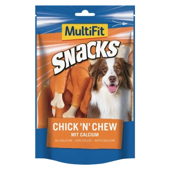 Emballage de MultiFit Snacks montrant un pilon de poulet, des friandises à mâcher pour chiens et un chien souriant ; indique « CHICK 'N' CHEW MIT CALCIUM ».