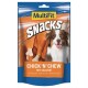 Verpackung von MultiFit Snacks zeigt Hähnchenkeulen-Hundekaustangen und einen lächelnden Hund; trägt den Text "CHICK 'N' CHEW MIT CALCIUM".