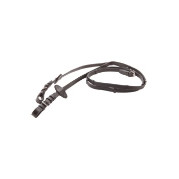 Schwarze Leder-Hundeleine mit verstellbaren Clips und einer glatten Oberfläche, auf einem weißen Hintergrund ausgelegt.