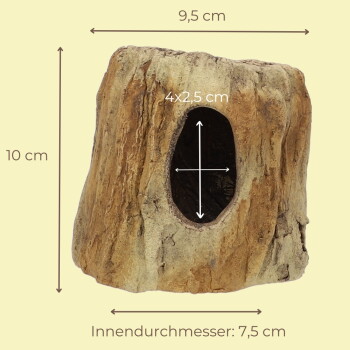 Baumstumpf-Versteck für Haustiere mit ovalem Eingang; sichtbarer Text: 9,5 cm, 10 cm, 4x2,5 cm, Innendurchmesser: 7,5 cm
