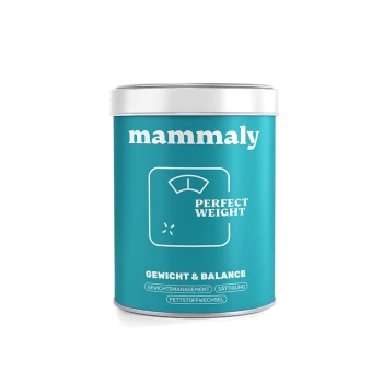 Türkisfarbener Behälter mit Aufschrift 'mammaly', Waagen-Symbol und Text 'PERFECT WEIGHT' sowie 'GEWICHT & BALANCE', Nahrungsergänzungsmittel für Haustiere.