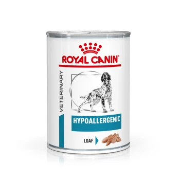 Veterinary Hypoallergenic Mousse 12x400 g Dosen-Hundefutter von Royal Canin, beschriftet mit "Hypoallergen Laib", mit einer Silhouette eines Hundes und einem roten Kronenlogo.