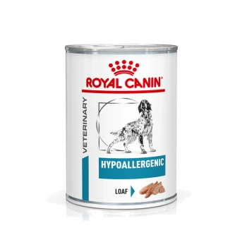 Dosen-Hundefutter von Royal Canin, beschriftet mit "Hypoallergen Laib", mit einer Silhouette eines Hundes und einem roten Kronenlogo.