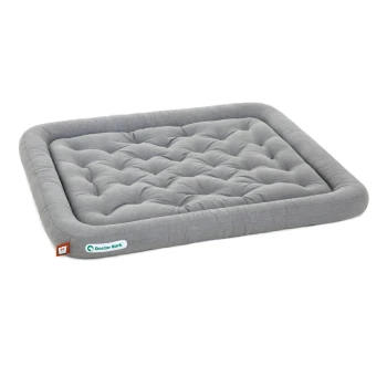 Lounge-Kissen hellgrau XXL Graues rechteckiges Haustierbett mit gepolstertem Design und erhöhten Kanten, mit einem 'Doctor Bark'-Logo an der Seite.