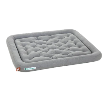 Graues rechteckiges Haustierbett mit gepolstertem Design und erhöhten Kanten, mit einem 'Doctor Bark'-Logo an der Seite.