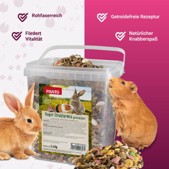 PANTO Plastikdose mit Aufschrift 'Nager Strukturmix getreidefrei', loses Kleintierfutter, links Kaninchen, rechts Meerschweinchen.