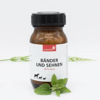 Braune Flasche mit schwarzem Deckel, beschriftet mit "Bänder und Sehnen 100% Natur" von Herzenstier, zeigt Silhouetten von Pferd, Hund und Katze.