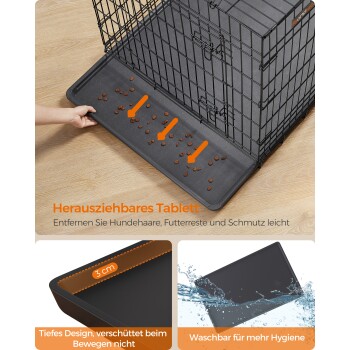 Eine Hand entfernt Hundefutter aus einem 3 cm tiefen, leicht zu reinigenden, auslaufsicheren Tablett in einer Haustierbox, mit deutschem Text, der die Hygiene hervorhebt.