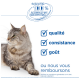 Chat tigré gris couché à gauche ; sceau bleu 'GARANTIE 100% SATISFAIT OU REMBOURSÉ' ; liste de contrôle : 'qualité', 'consistance', 'goût' ; texte 'ou nous vous remboursons'.