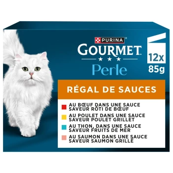 Boîte Purina Gourmet Perle montrant un chat blanc à poil long, panneau «RÉGAL DE SAUCES» et texte «12×85 g».