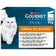 Boîte Purina Gourmet Perle montrant un chat blanc à poil long, panneau «RÉGAL DE SAUCES» et texte «12×85 g».