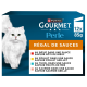 Purina Gourmet Perle kattenvoedingsdoos met een witte langharige kat, een paneel 'RÉGAL DE SAUCES' en de tekst '12x 85g'