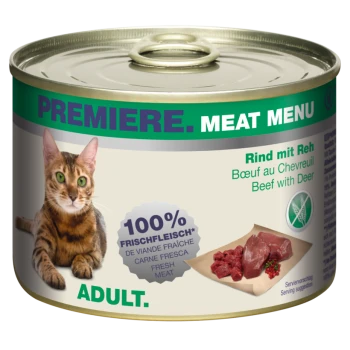 Katze Futterdose mit einer getigerten Katze auf der Vorderseite, beschriftet mit 'Premiere Meat Menu', mit 'Rind mit Hirsch' und '100% Frisches Fleisch.'