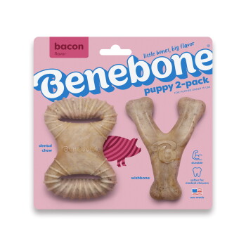 Puppy Pack by Benebone featuring two chew toys: a dental chew with cleaning ridges and a wishbone, both in bacon flavor.