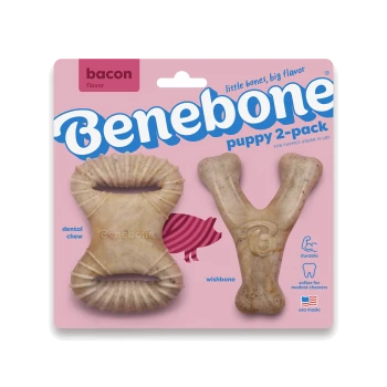 Puppy Pack by Benebone featuring two chew toys: a dental chew with cleaning ridges and a wishbone, both in bacon flavor.