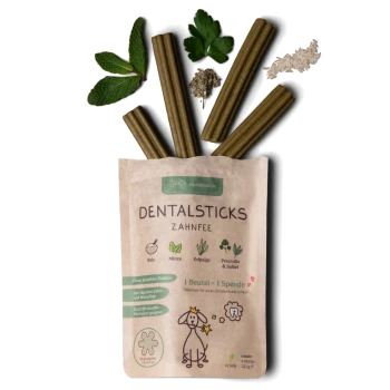 Vegane Zahnsticks für Hunde in einer braunen Papiertüte, mit Zutaten wie Reis, Minze und Algen, mit einer niedlichen Hundillustration.