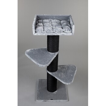 Grauer Katzenbaum mit einer plüschigen oberen Plattform und zwei unteren Plattformen, mit einem stabilen schwarzen Kratzbaum.